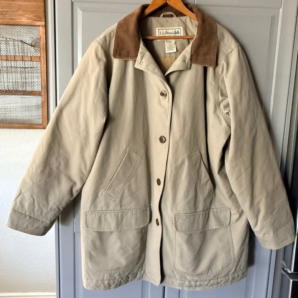 LL Bean Vintage Women Corduroy Collar Thinsulate Lined Canvas Barn Coat,Tan, 1x